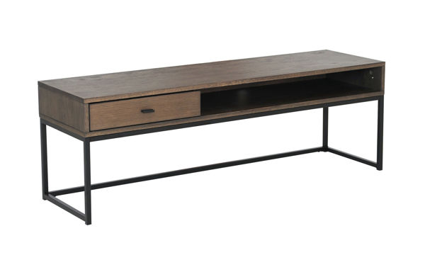 Bild på REGGIANO TV-bänk 120 cm, brunlackad ekfanér, svarta metallben, låda & hylla