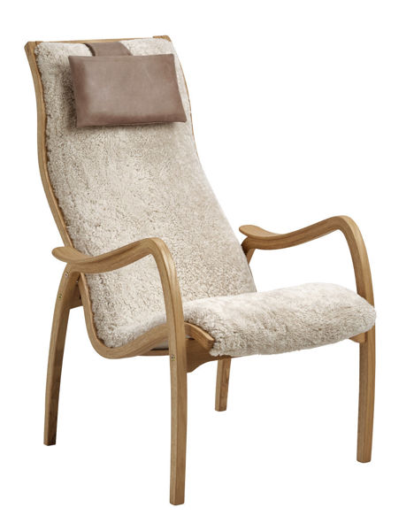Bild på MUSSE Fåtölj fast fårskinn SL Moonlight/linneväv natur/Vintage taupe/oljad ek