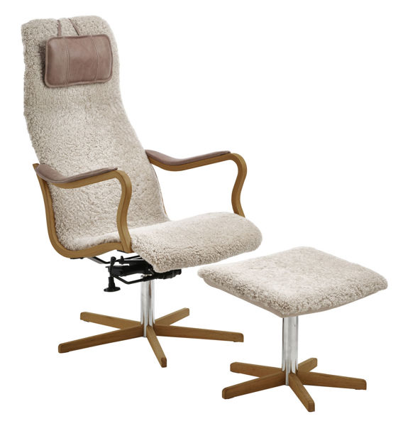 Bild på JACK WOOD Fåtölj med gunga, inkl pall EK fårskinn SL Moonlight, Vintage Taupe, Facet 16, oljad ek/krom PAKETPRIS