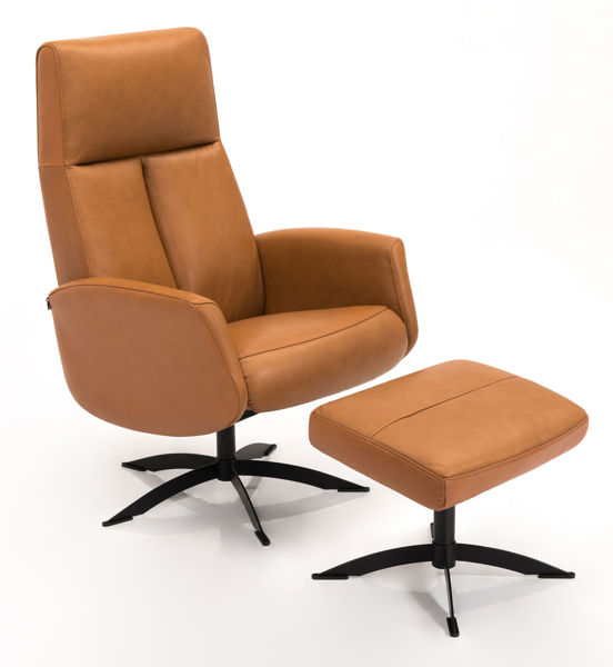 Bild på OAKLEY Snurrfåtölj & fotpall läder Semi/spalt 376 light cognac fot Space svart