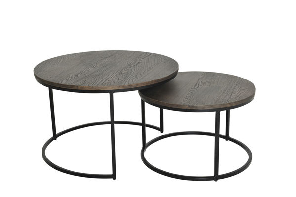 Bild på DUDOS 2-dels satsbord RUND Ø60/47 brunbetsad lackad ekfanér/metallben Ø60/H38cm + Ø47/H31cm