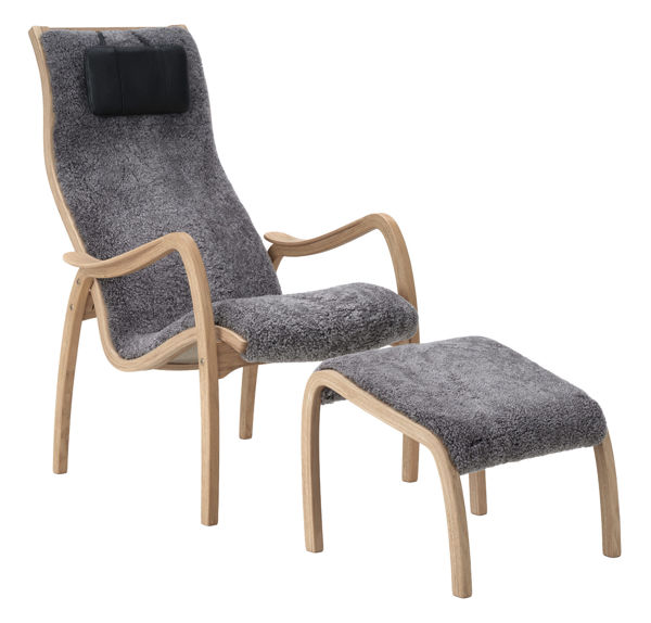 Bild på MUSSE Fåtölj fast inkl pall fårskinn Scand.Grey/linneväv natur/Grand svart/oljad ek PAKETPRIS *NY*