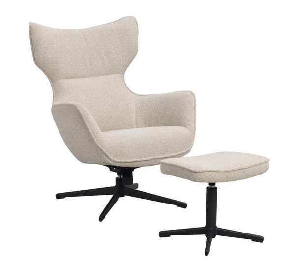 Bild på Jenkins fåtölj+fotpall beige tyg/svart metall snurr, gung